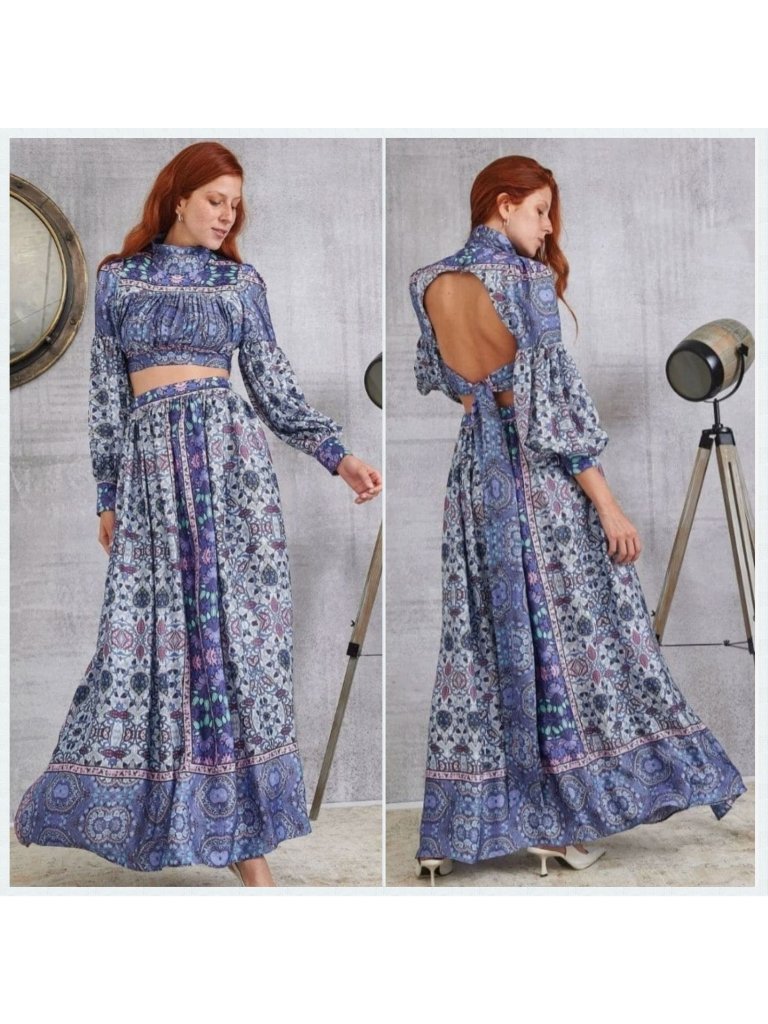 Lace The Label Purple Garden Top + Maxi Skirt Set Satin Luxury Resort Paisley Xs